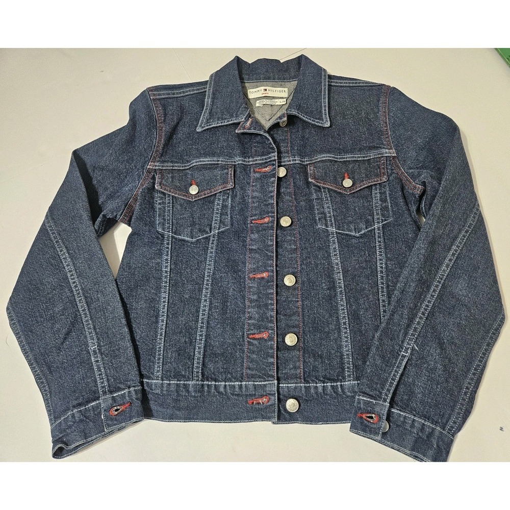 Tommy Hilfiger Women's Red-Stitch Dark Wash Denim Long Sleeve Jacket Y2K/90s